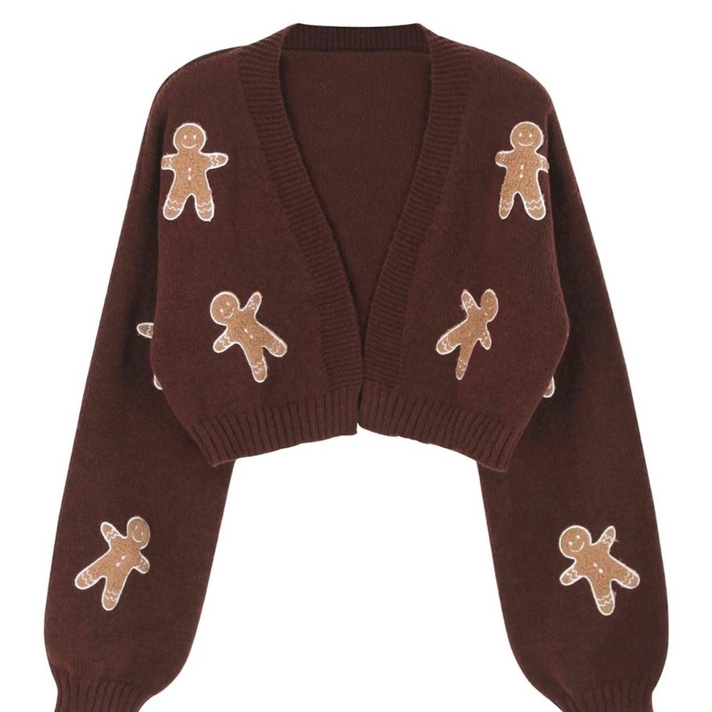 Brown Gingerbread Patch Chunky Knit Cardigan Sweater - Picture 2 of 4